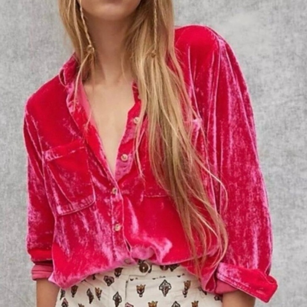 Anthropologie Pilcro Mara Relaxed Velvet Button Down Shirt Raspberry Pink size 6